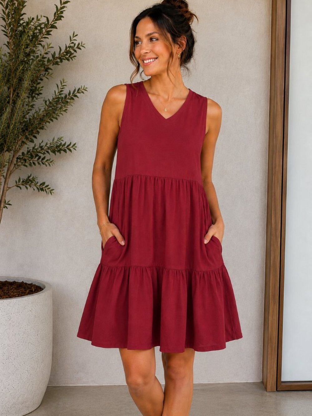 Matty M Terracotta Linen Blend Tiered V-Neck Dress NWT Size L